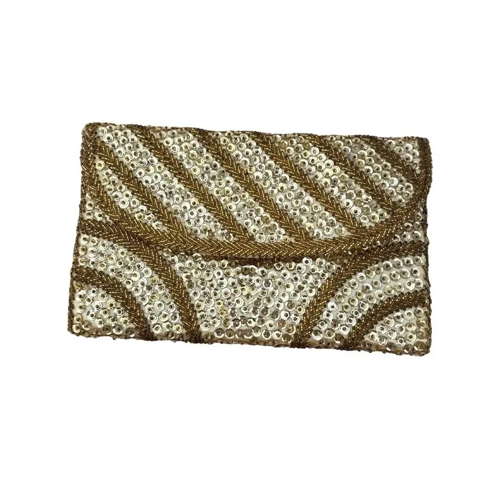 Vintage Magid Gold Sequin Beaded Evening Clutch Purse Art Deco Style